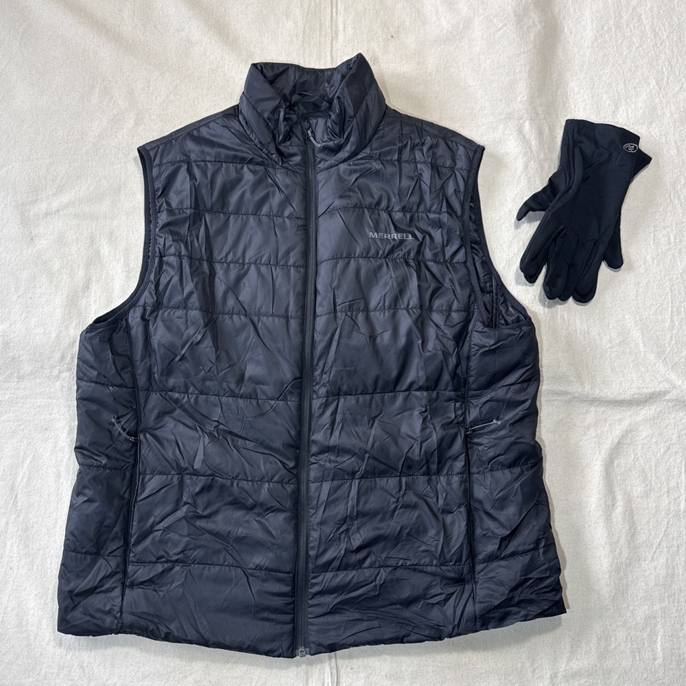 Merrell Down Vest Black Zip up w/Pockets Men's Size 2XL With Gloves